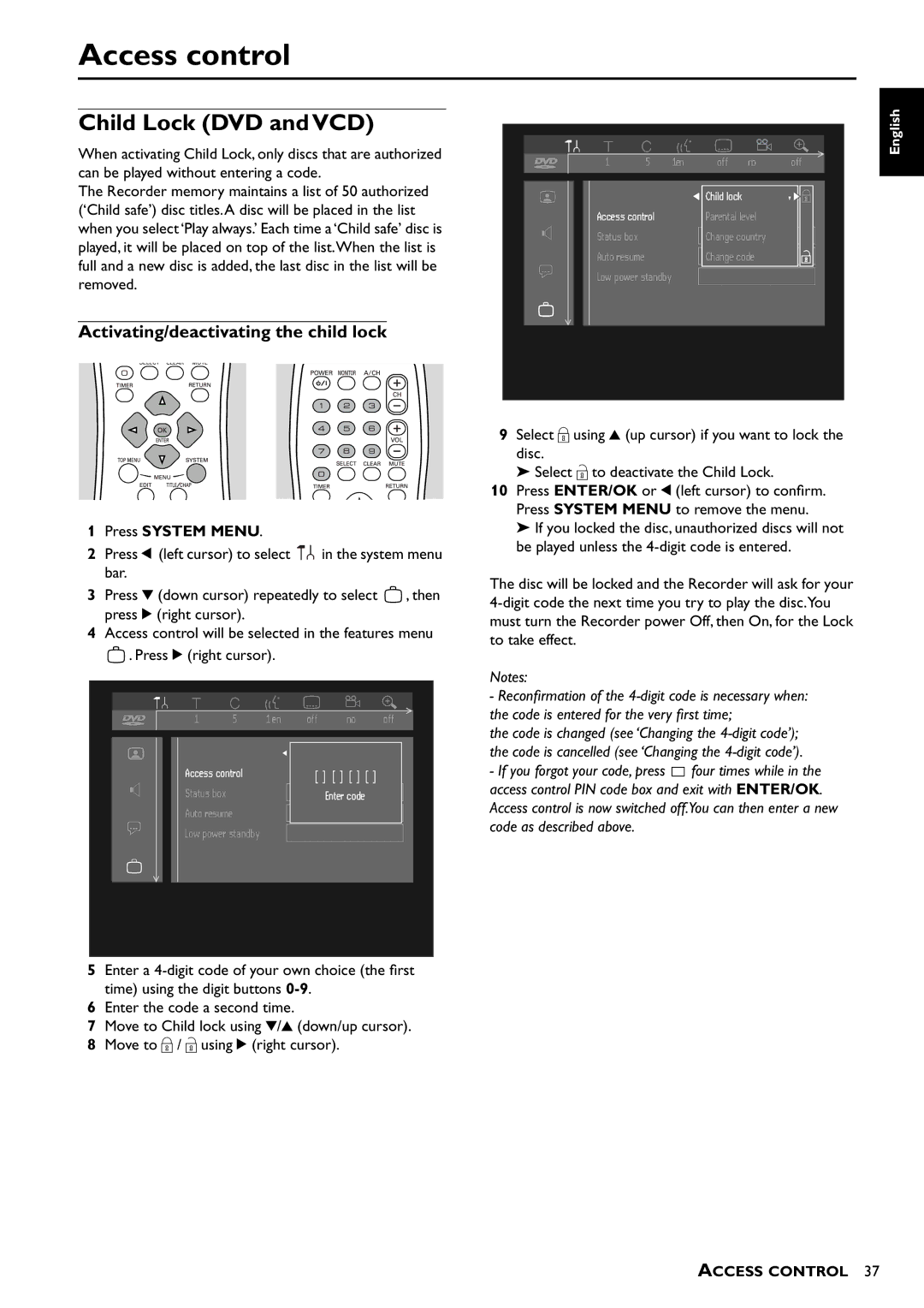 Yamaha DRX-1 owner manual Access control, Child Lock DVD and VCD, Activating/deactivating the child lock, Press System Menu 