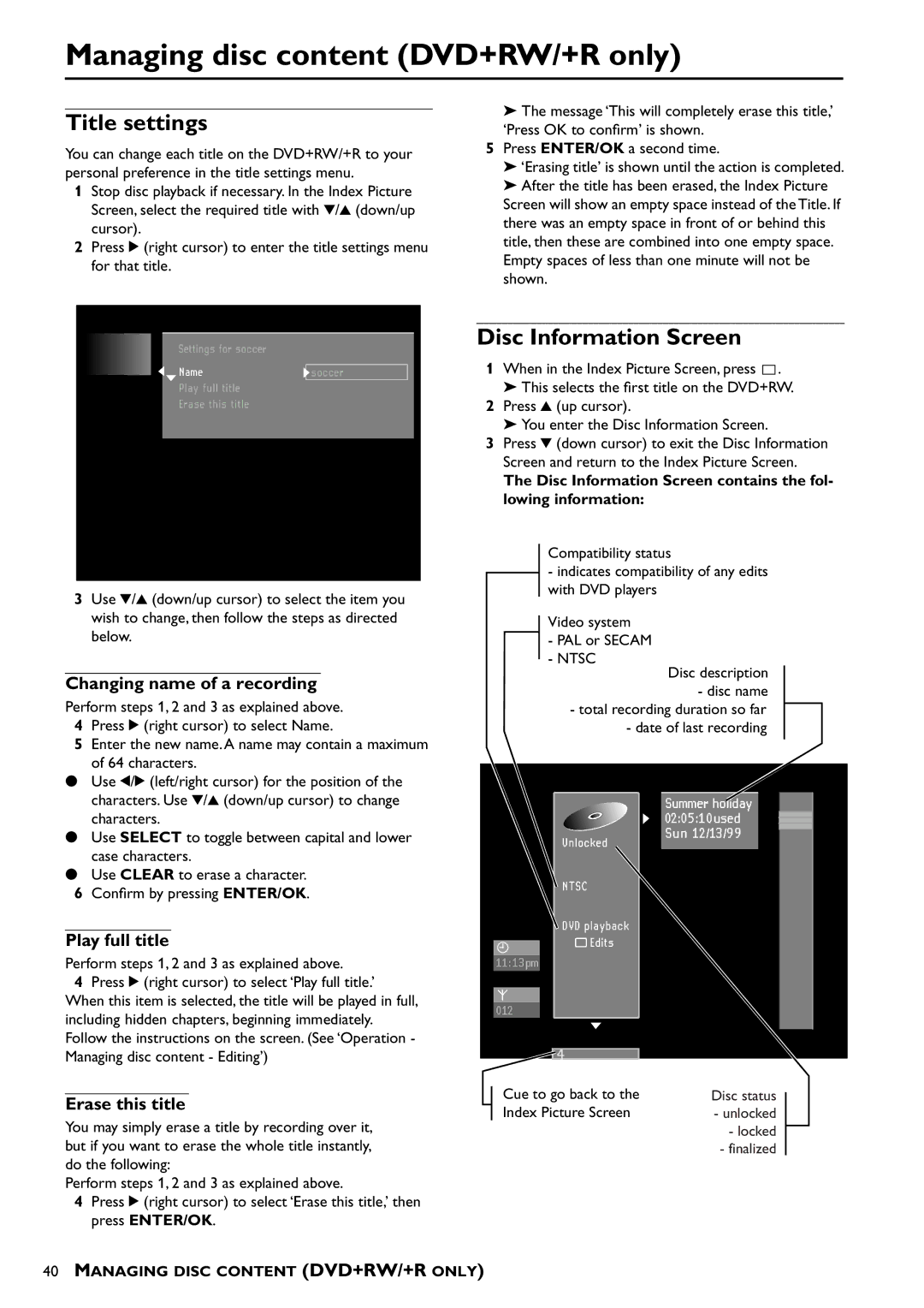 Yamaha DRX-1 owner manual Managing disc content DVD+RW/+R only, Title settings, Disc Information Screen 