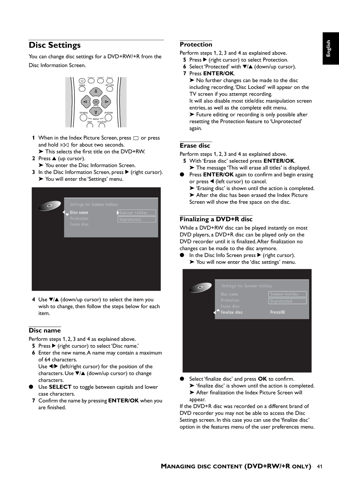 Yamaha DRX-1 owner manual Disc Settings, Disc name, Protection, Erase disc, Finalizing a DVD+R disc 