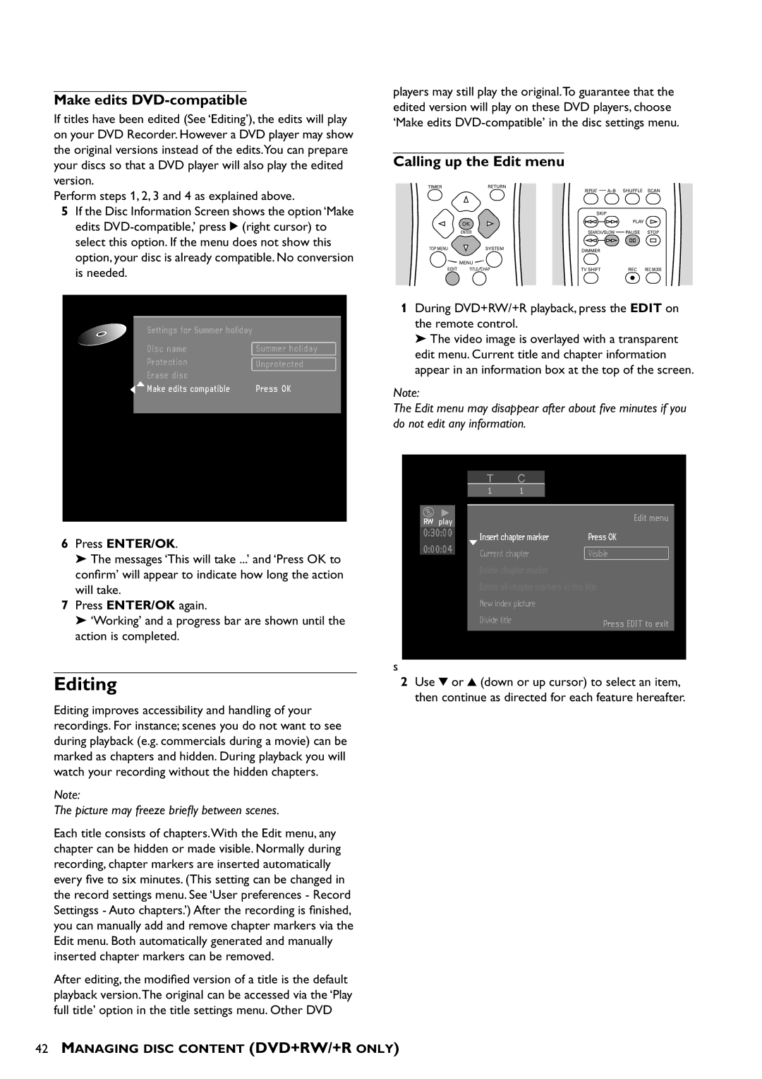 Yamaha DRX-1 owner manual Editing, Make edits DVD-compatible, Calling up the Edit menu 