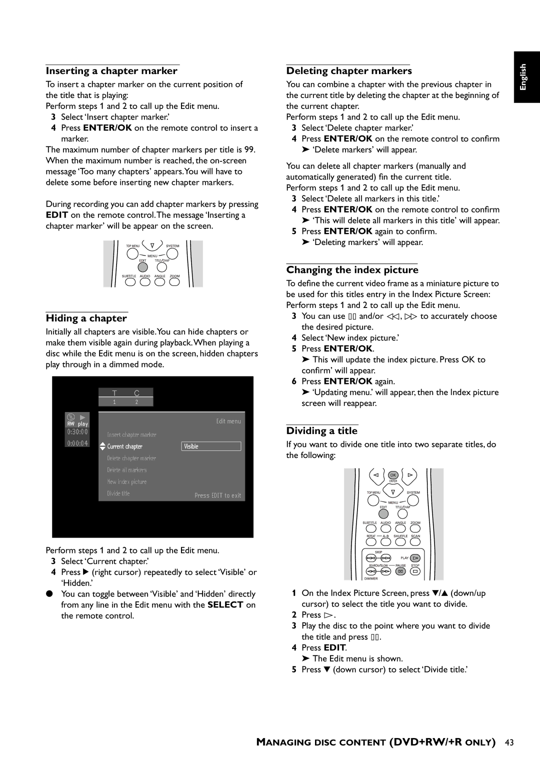 Yamaha DRX-1 Inserting a chapter marker, Hiding a chapter, Deleting chapter markers, Changing the index picture 