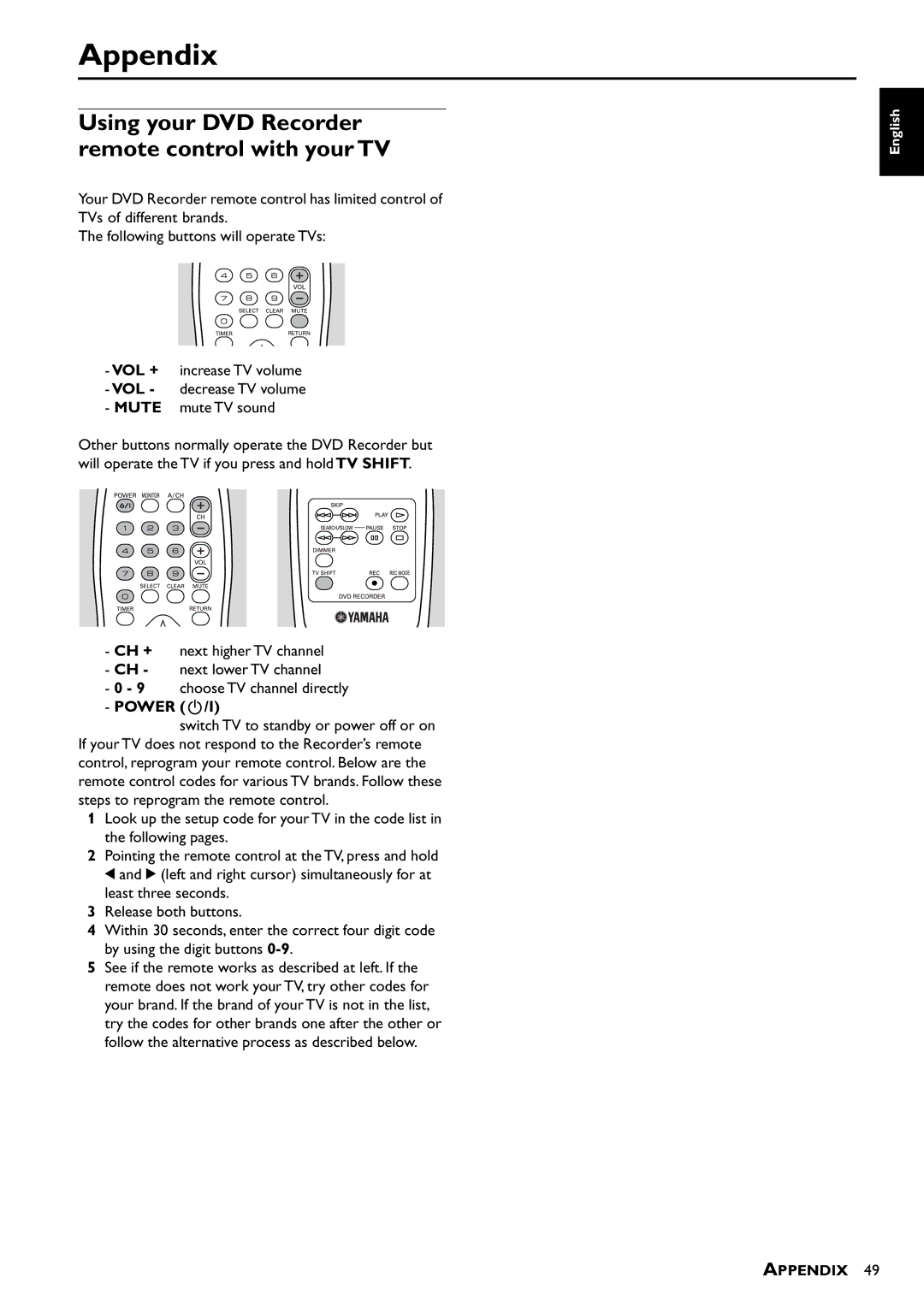 Yamaha DRX-1 owner manual Appendix, Using your DVD Recorder remote control with your TV, Power B/I 