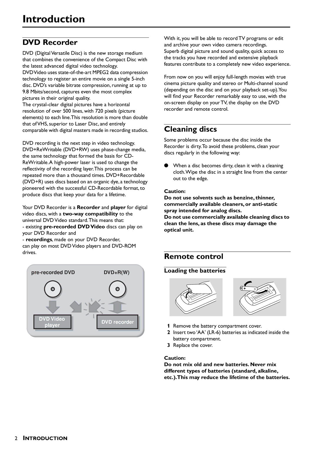 Yamaha DRX-1 owner manual Introduction, DVD Recorder, Cleaning discs, Remote control, Loading the batteries 