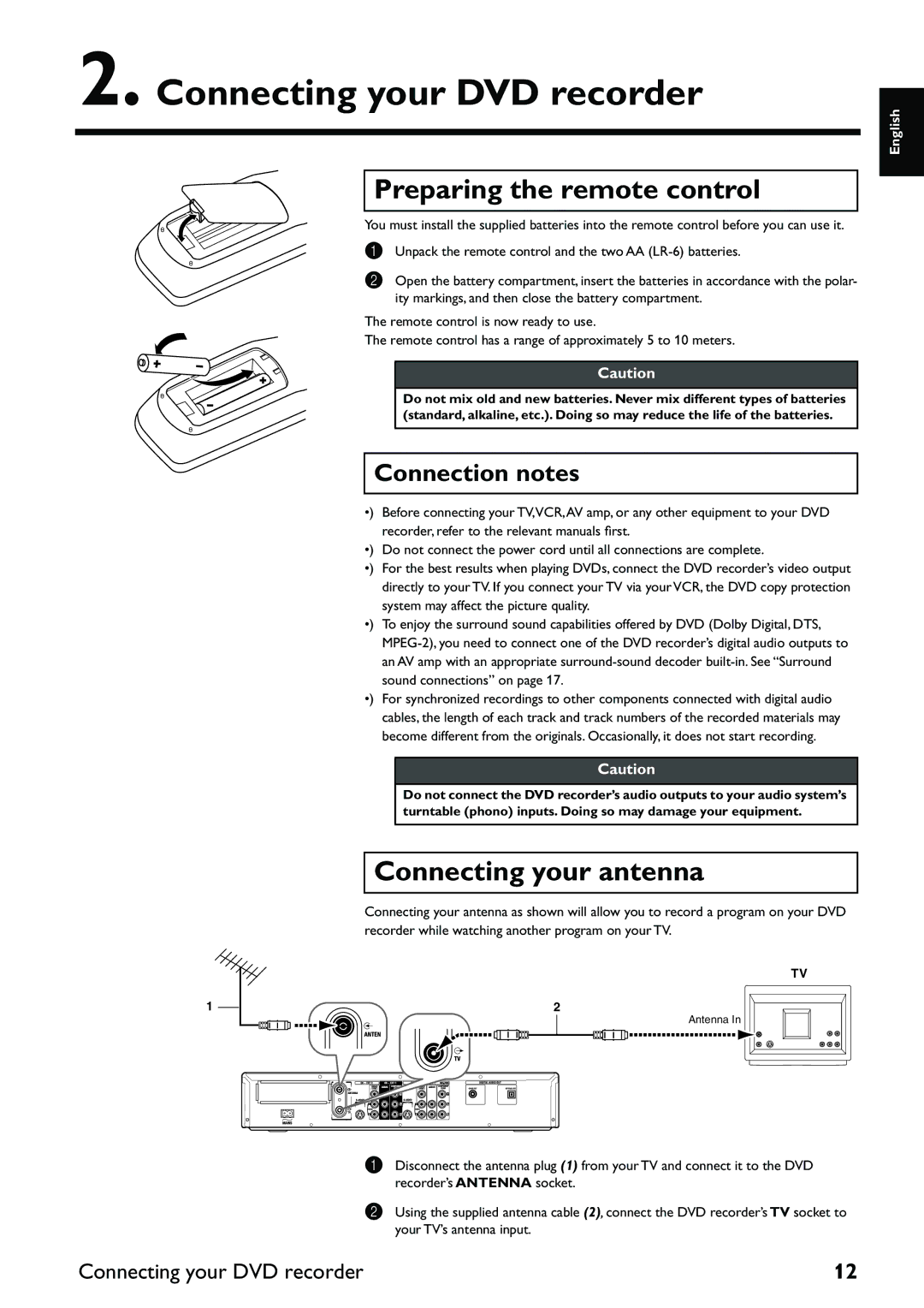 Yamaha DRX-2 owner manual Connecting your DVD recorder, Preparing the remote control, Connecting your antenna 