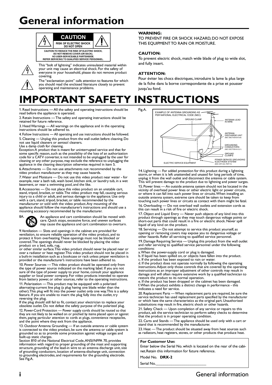 Yamaha DRX-2 owner manual General information, For Customer Use 