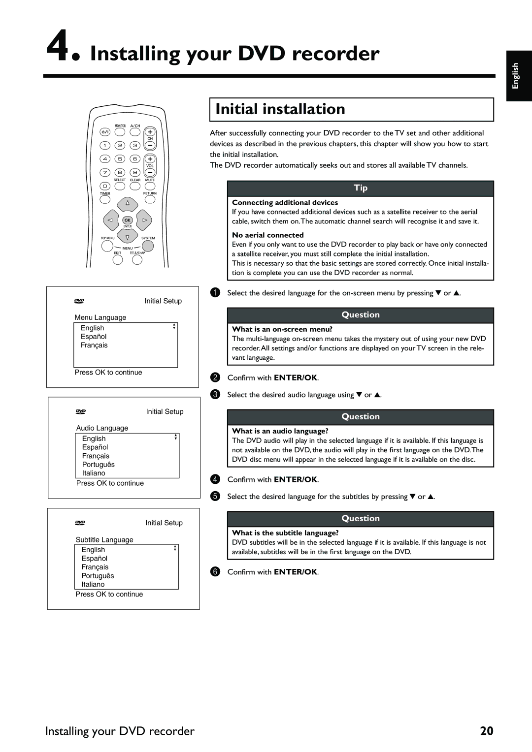 Yamaha DRX-2 owner manual Installing your DVD recorder, Initial installation 