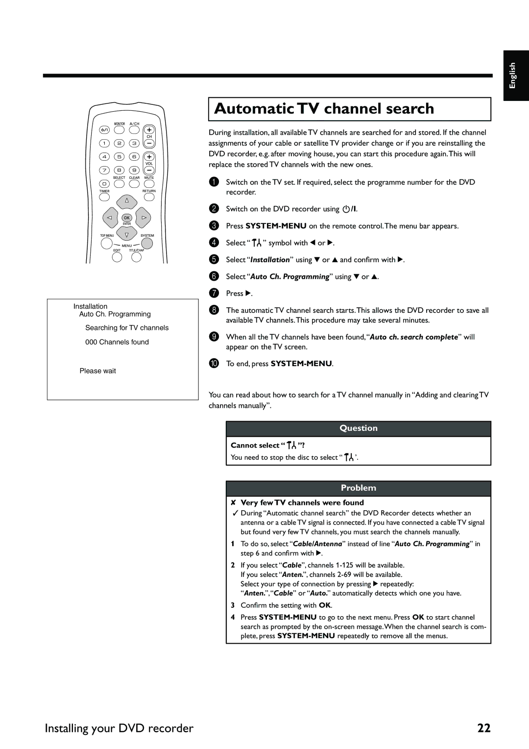 Yamaha DRX-2 owner manual Automatic TV channel search, Very few TV channels were found, Cannot select ? 