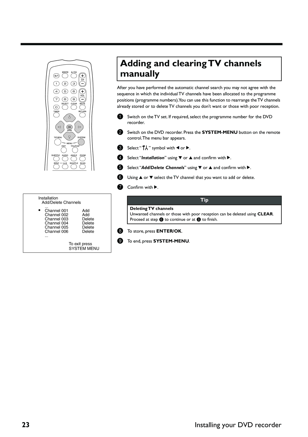 Yamaha DRX-2 owner manual Adding and clearing TV channels manually, Deleting TV channels 