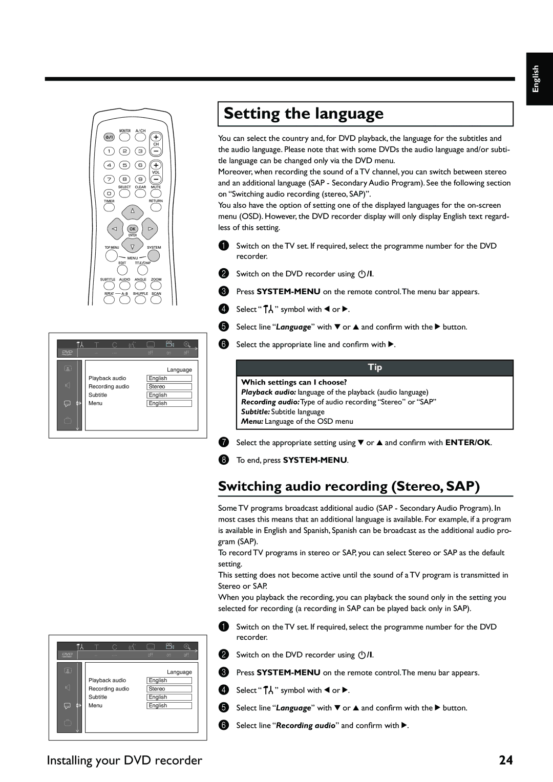 Yamaha DRX-2 owner manual Setting the language, Switching audio recording Stereo, SAP, Which settings can I choose? 