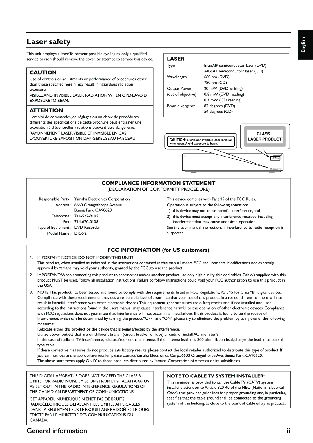 Yamaha DRX-2 owner manual Laser safety, General information 