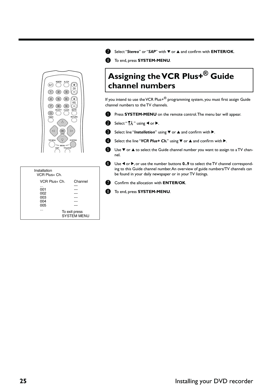 Yamaha DRX-2 owner manual Assigning the VCR Plus+ Guide channel numbers 