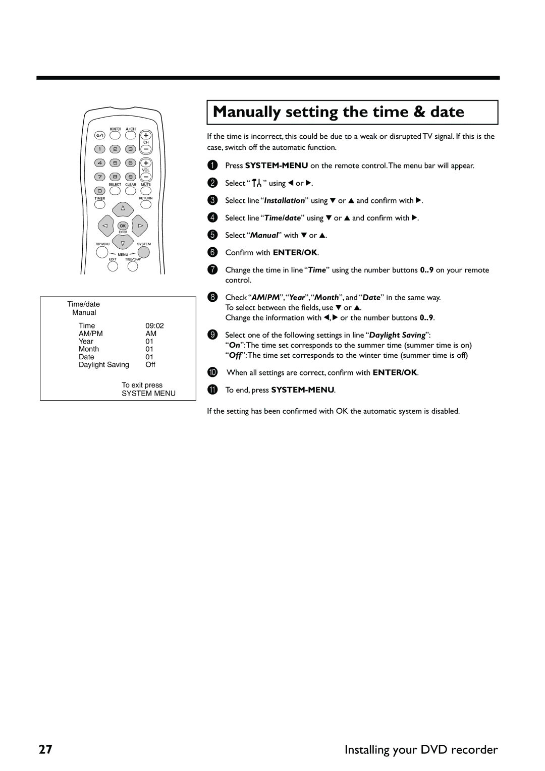 Yamaha DRX-2 owner manual Manually setting the time & date 