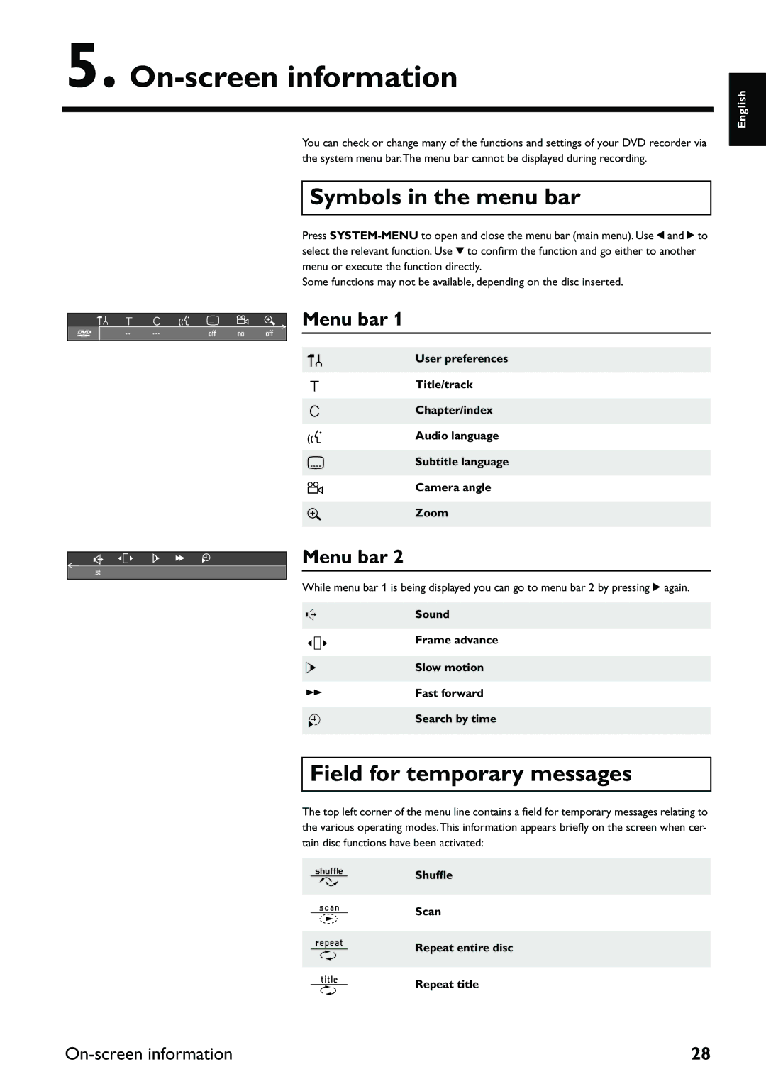 Yamaha DRX-2 owner manual On-screen information, Symbols in the menu bar, Field for temporary messages, Menu bar 