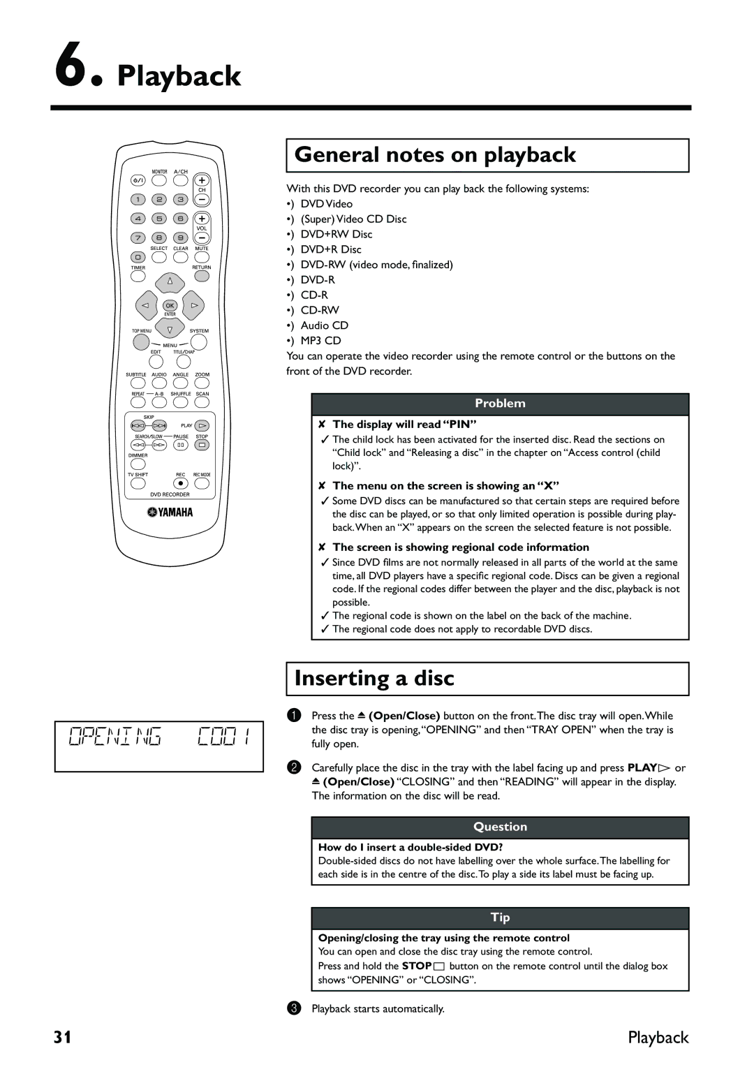 Yamaha DRX-2 owner manual Playback, General notes on playback, Inserting a disc 