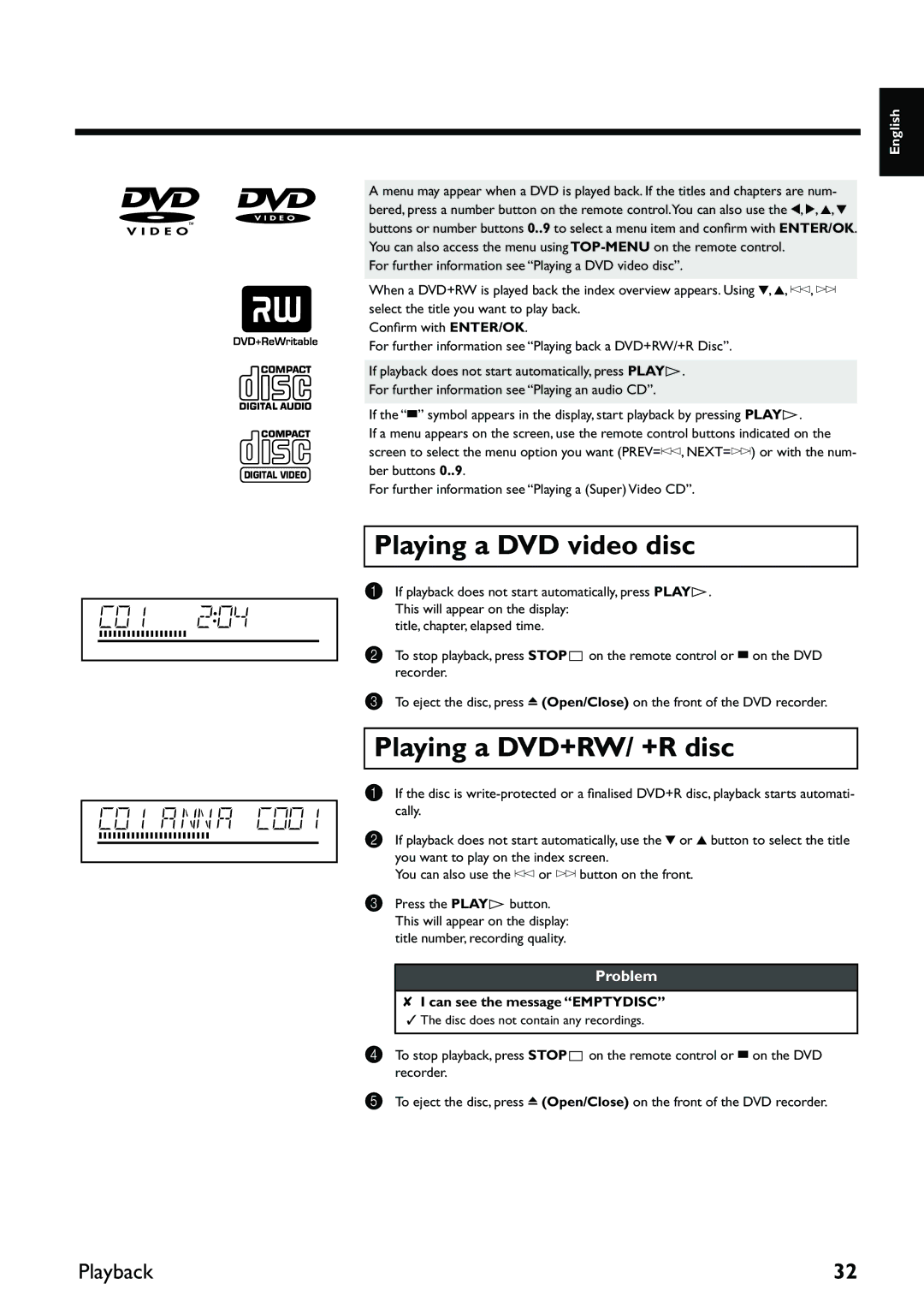 Yamaha DRX-2 owner manual Playing a DVD video disc, Playing a DVD+RW/ +R disc, Playback, Can see the message Emptydisc 