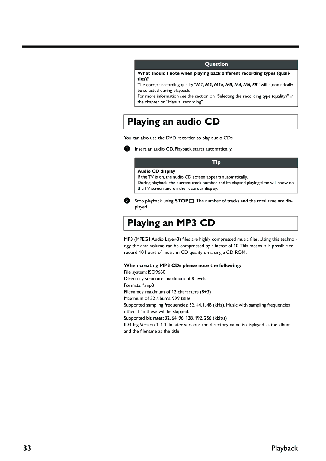 Yamaha DRX-2 Playing an audio CD, Playing an MP3 CD, When creating MP3 CDs please note the following, Audio CD display 