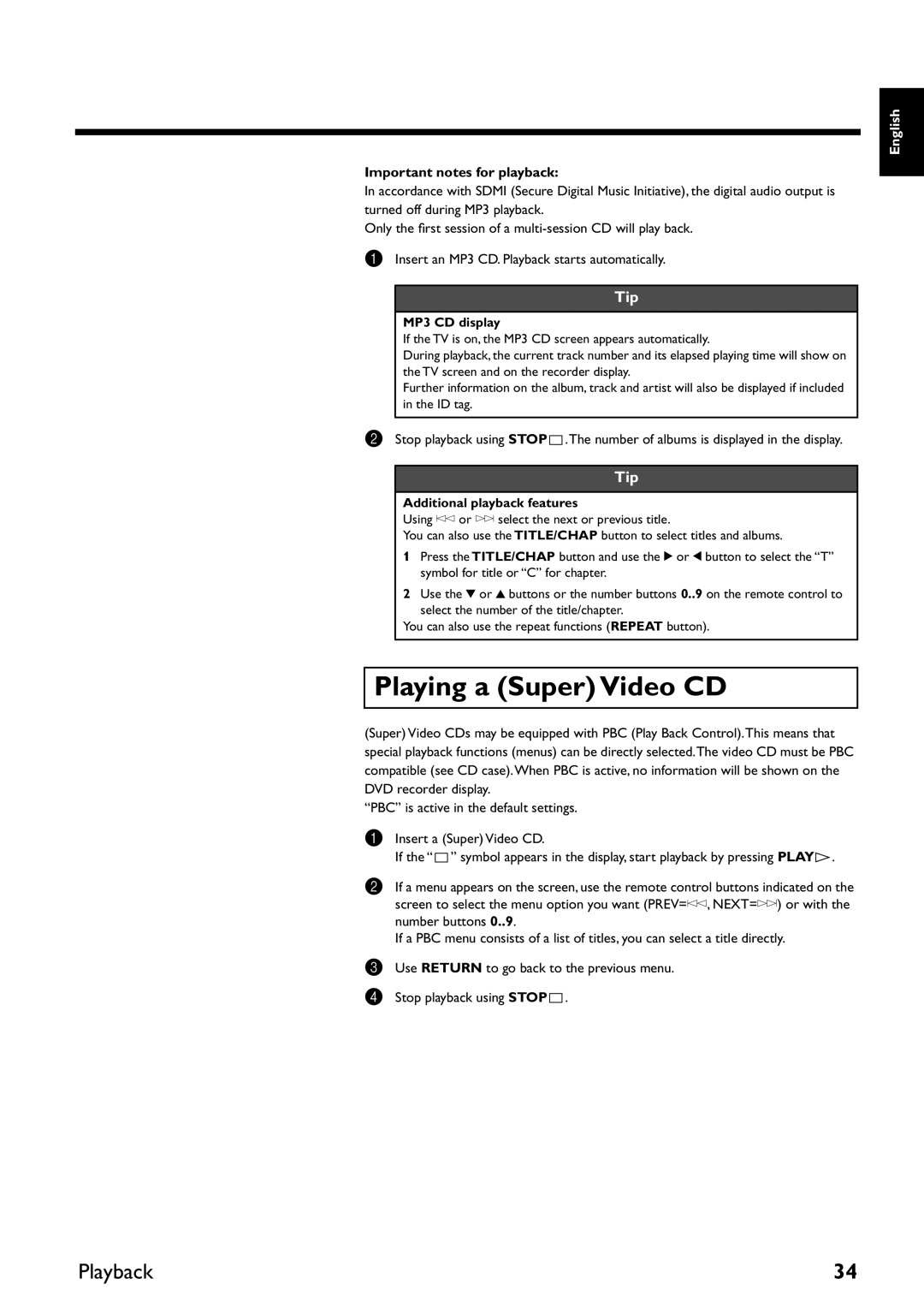 Yamaha DRX-2 Playing a Super Video CD, Important notes for playback, MP3 CD display, Additional playback features 