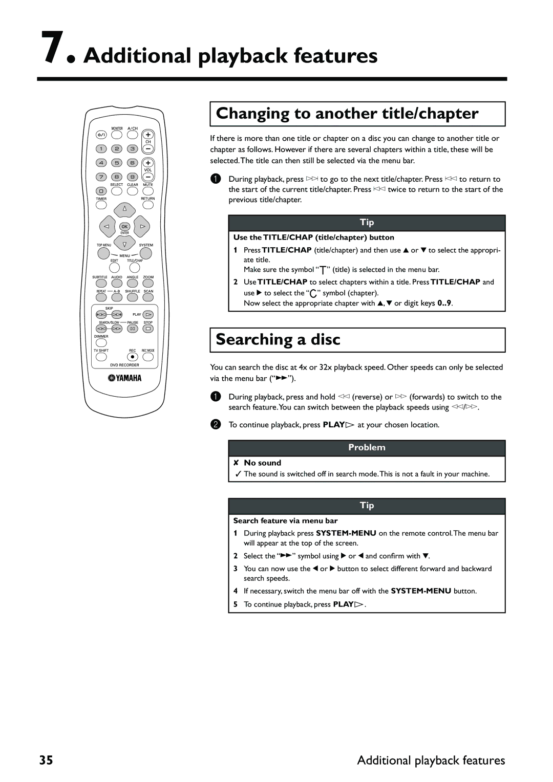 Yamaha DRX-2 owner manual Additional playback features, Changing to another title/chapter, Searching a disc, No sound 