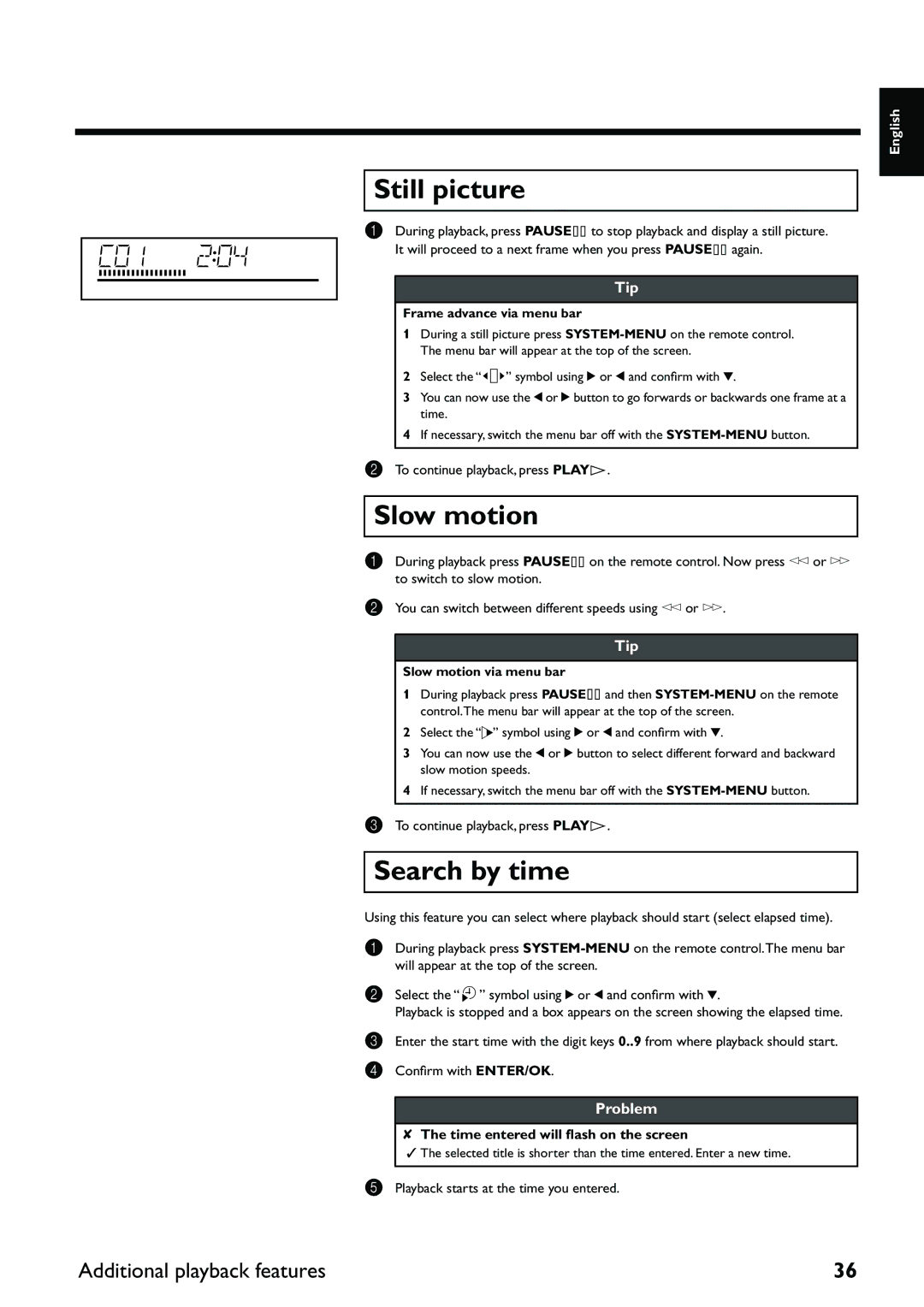 Yamaha DRX-2 owner manual Still picture, Slow motion, Search by time, Additional playback features 