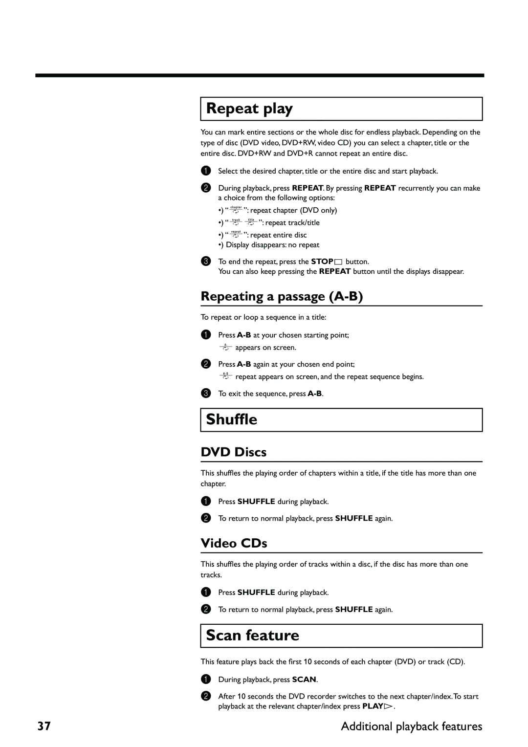 Yamaha DRX-2 owner manual Repeat play, Shufﬂe, Scan feature 