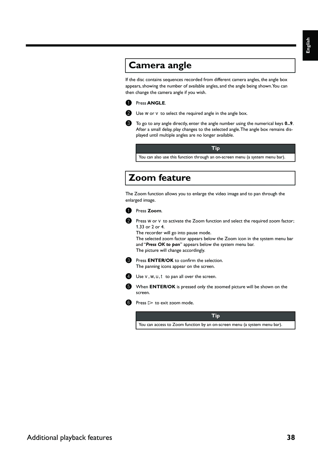 Yamaha DRX-2 owner manual Camera angle, Zoom feature 