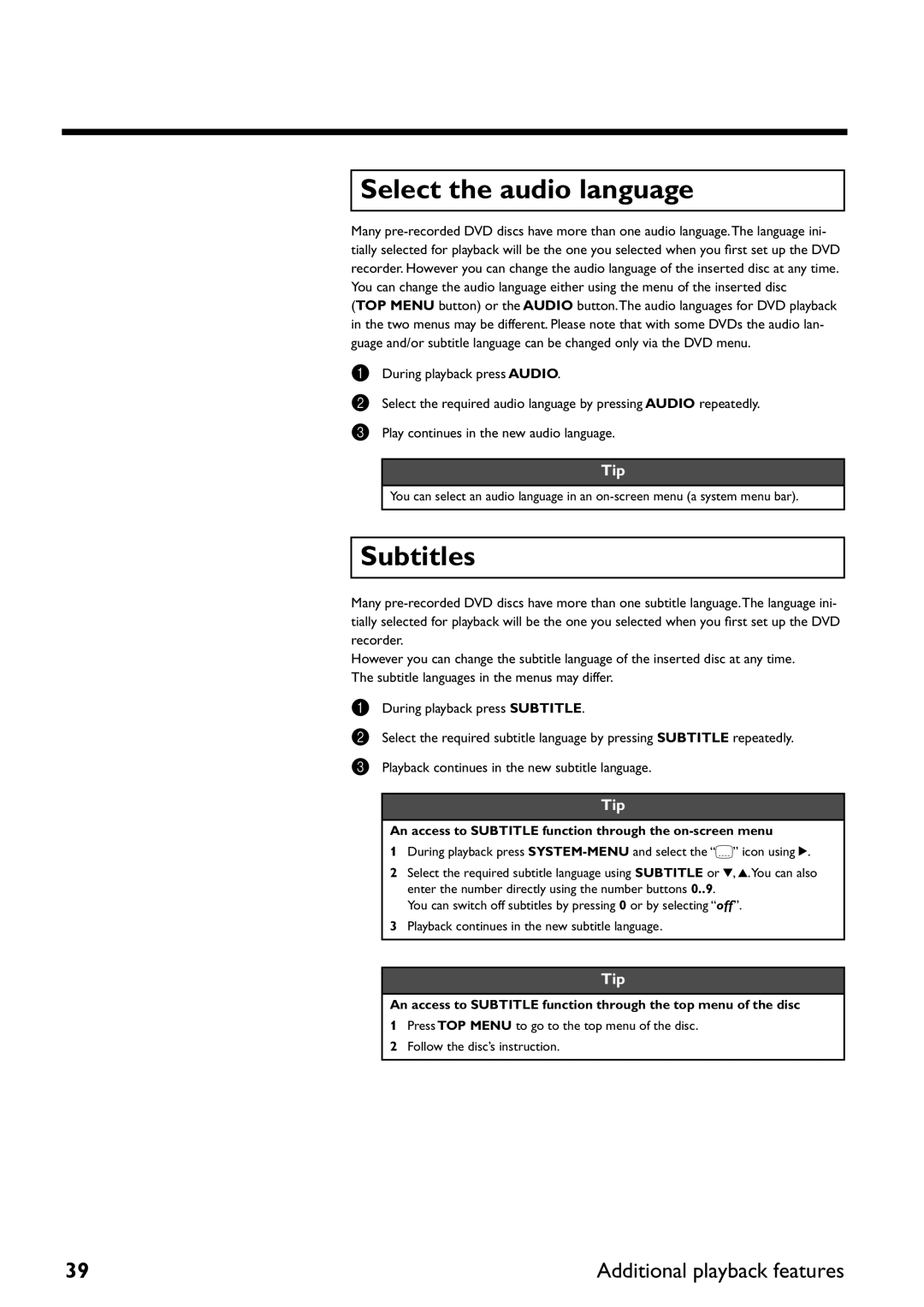 Yamaha DRX-2 owner manual Select the audio language, Subtitles, An access to Subtitle function through the on-screen menu 