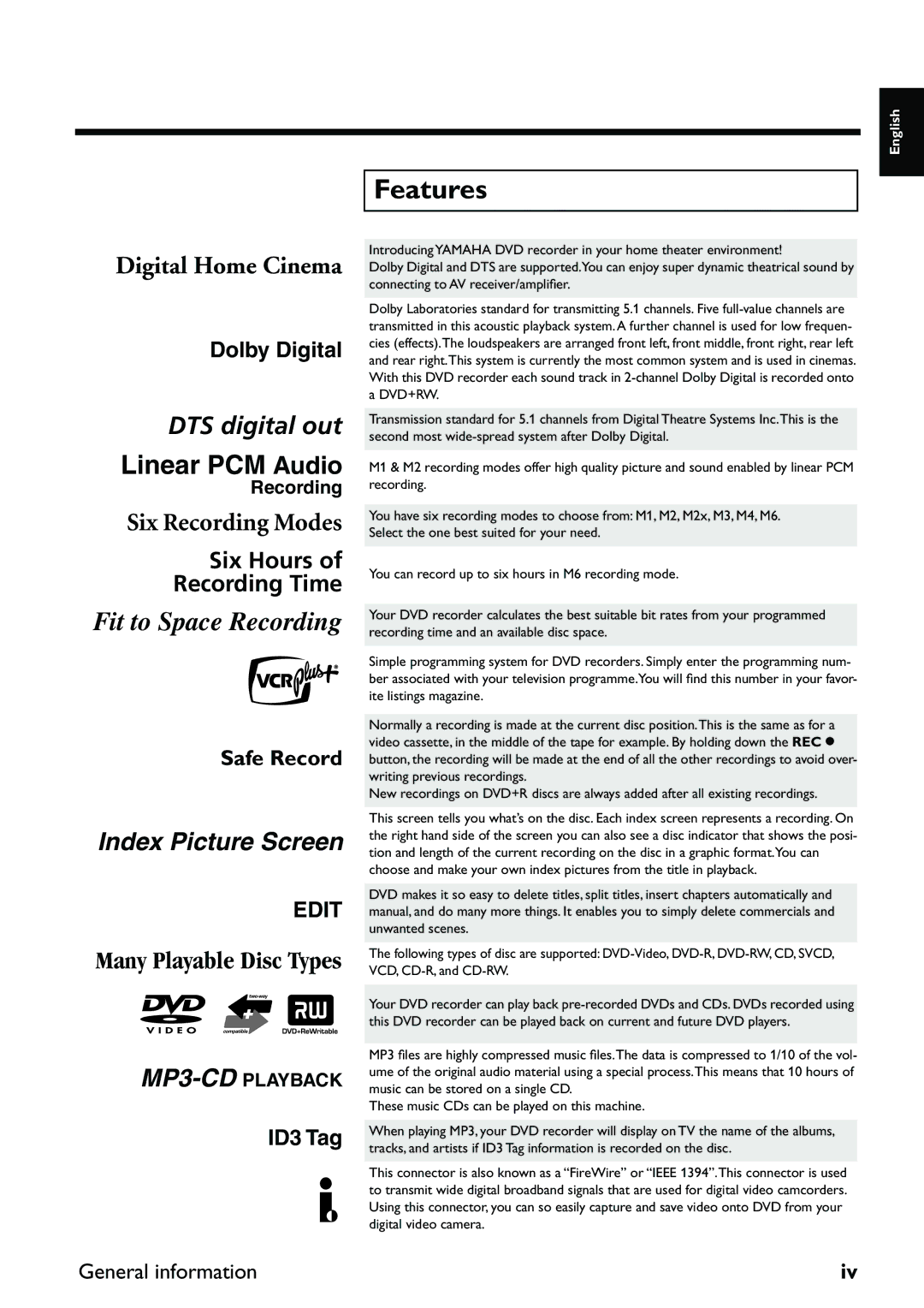 Yamaha DRX-2 owner manual Features, Six Hours Recording Time 