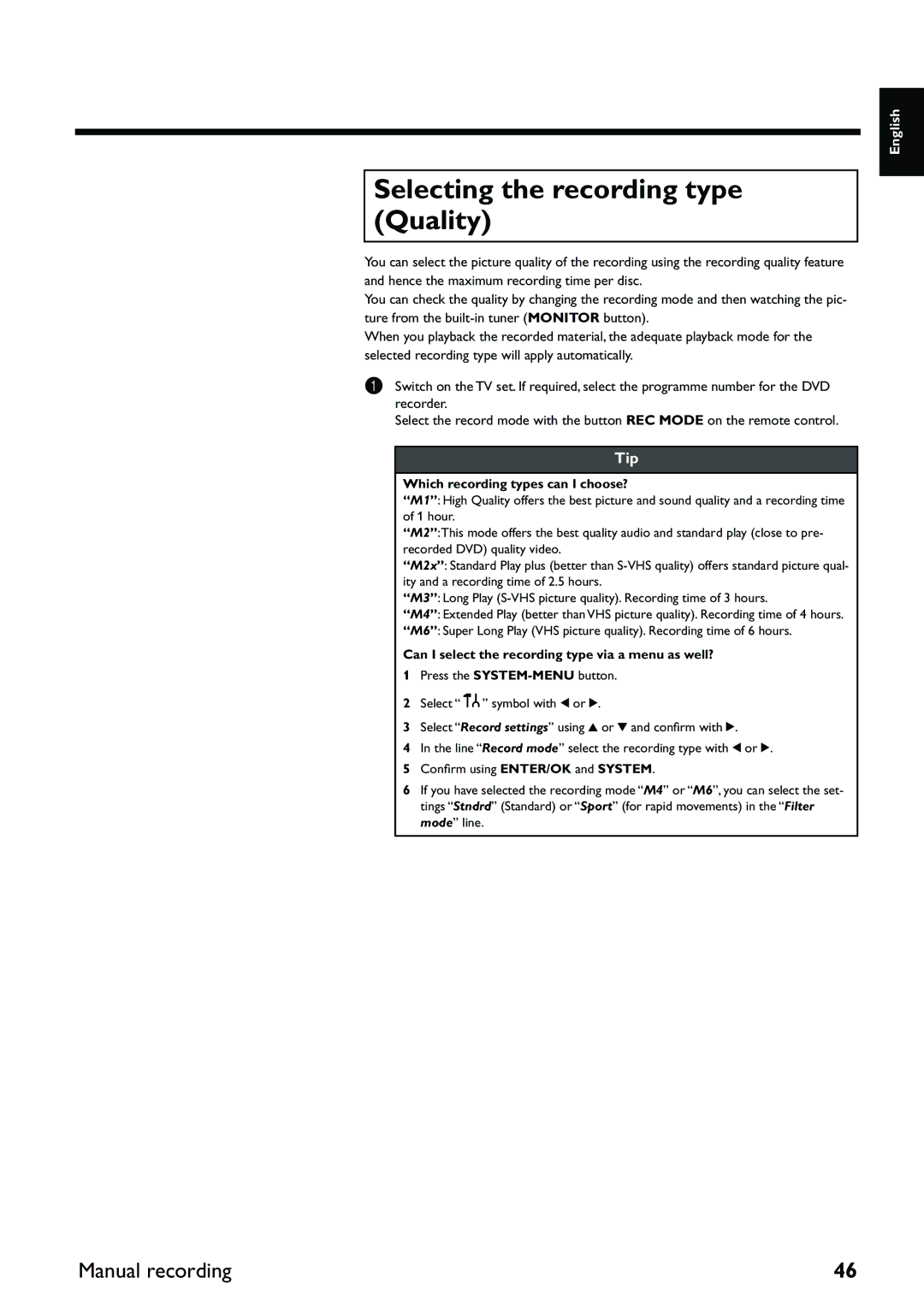 Yamaha DRX-2 owner manual Selecting the recording type Quality, Which recording types can I choose? 