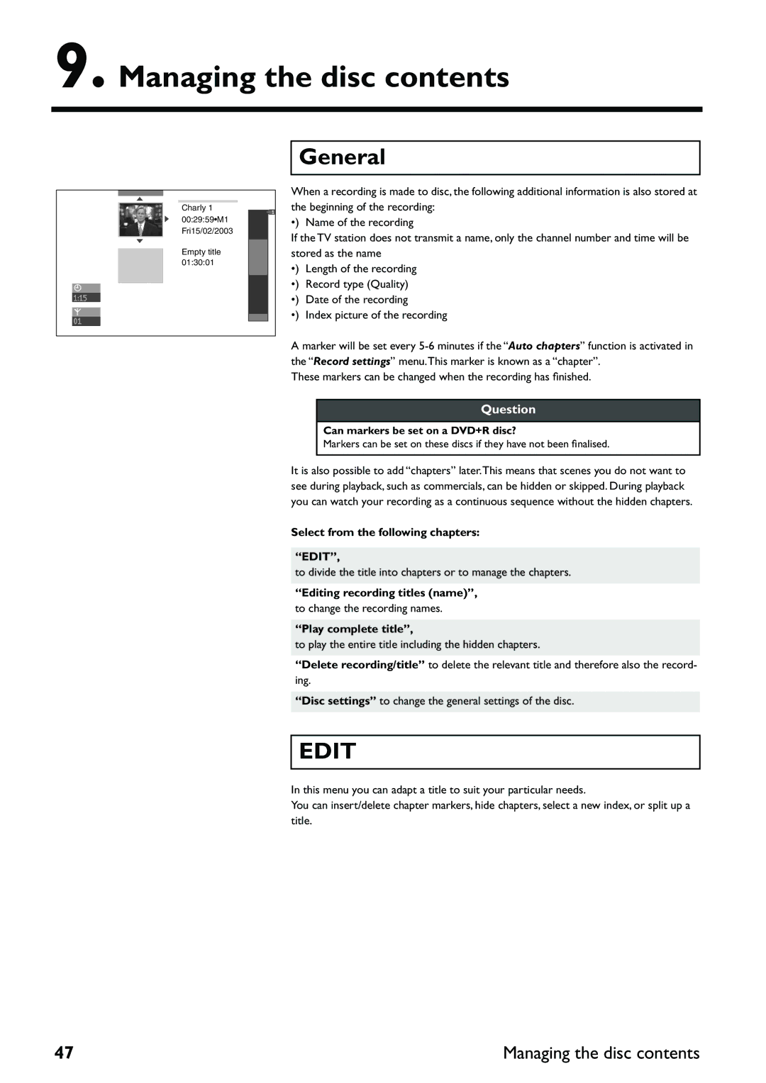 Yamaha DRX-2 owner manual Managing the disc contents 