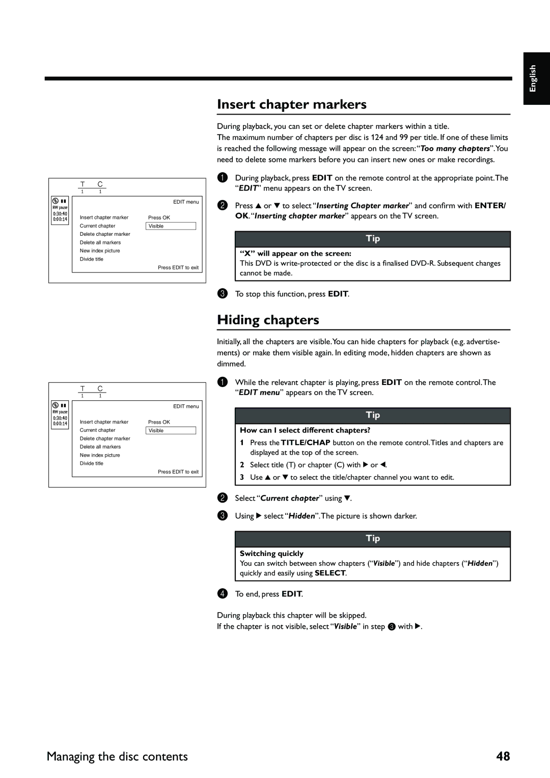 Yamaha DRX-2 owner manual Insert chapter markers, Hiding chapters, Managing the disc contents 