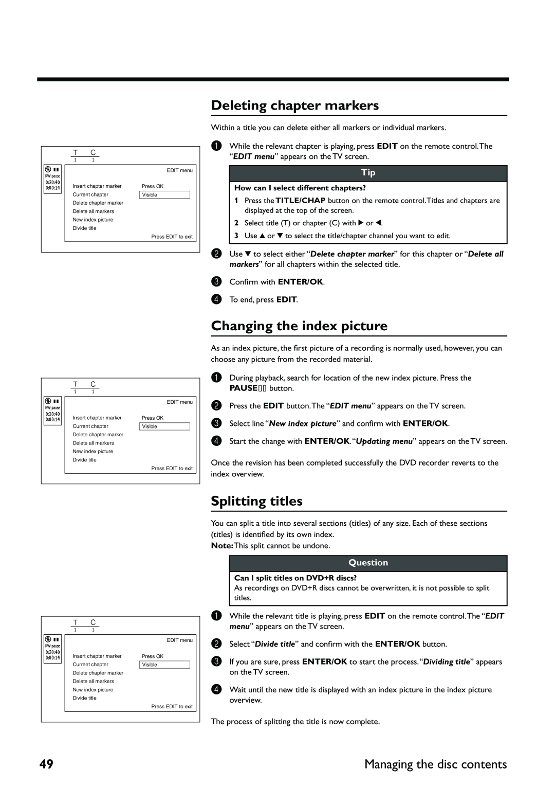 Yamaha DRX-2 Deleting chapter markers, Changing the index picture, Splitting titles, Can I split titles on DVD+R discs? 