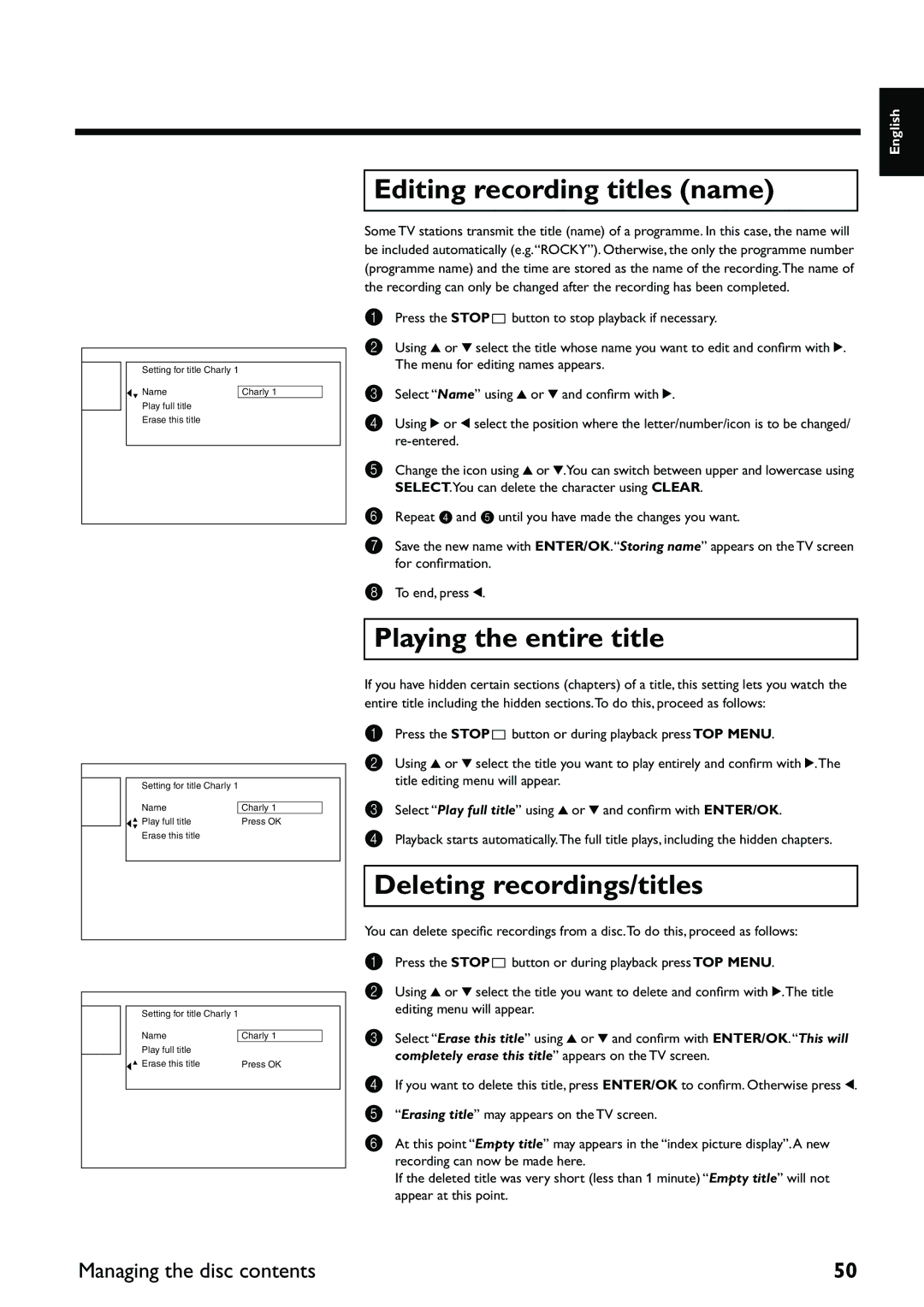 Yamaha DRX-2 owner manual Editing recording titles name, Playing the entire title, Deleting recordings/titles 