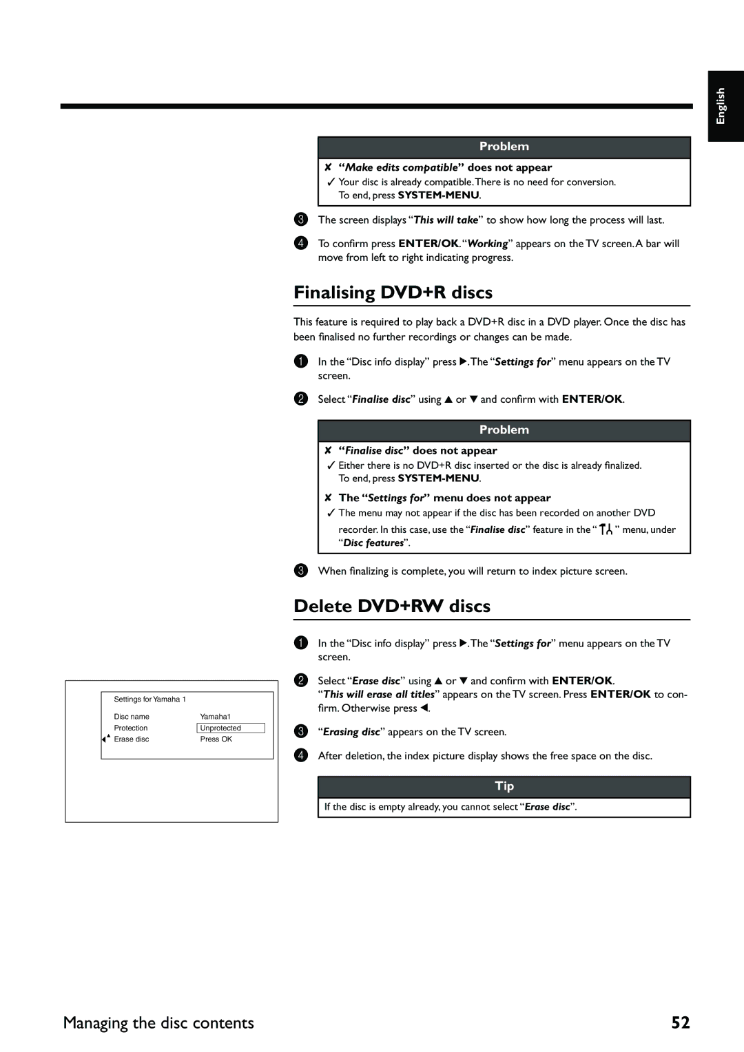 Yamaha DRX-2 Finalising DVD+R discs, Delete DVD+RW discs, Finalise disc does not appear, Settings for menu does not appear 