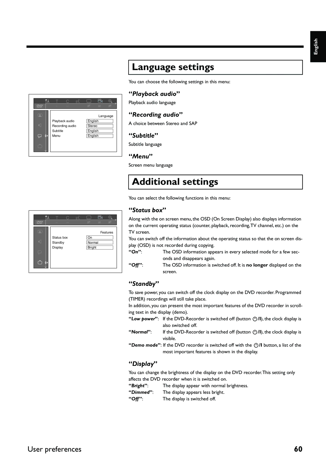 Yamaha DRX-2 owner manual Language settings, Additional settings 