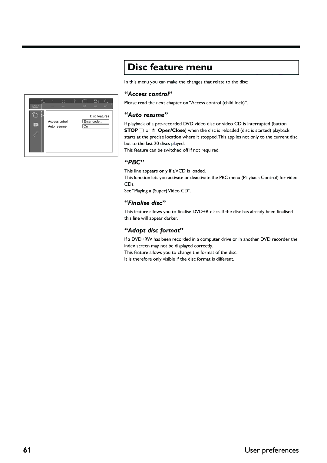 Yamaha DRX-2 owner manual Disc feature menu, Auto resume 