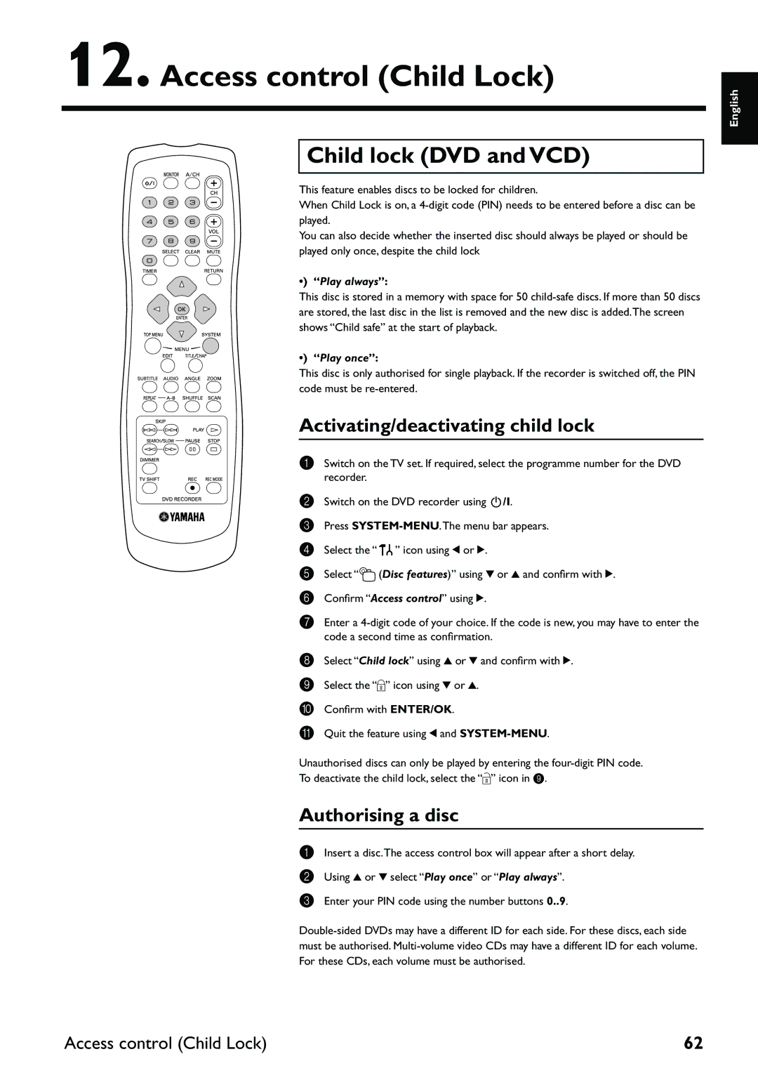 Yamaha DRX-2 Access control Child Lock, Child lock DVD and VCD, Activating/deactivating child lock, Authorising a disc 