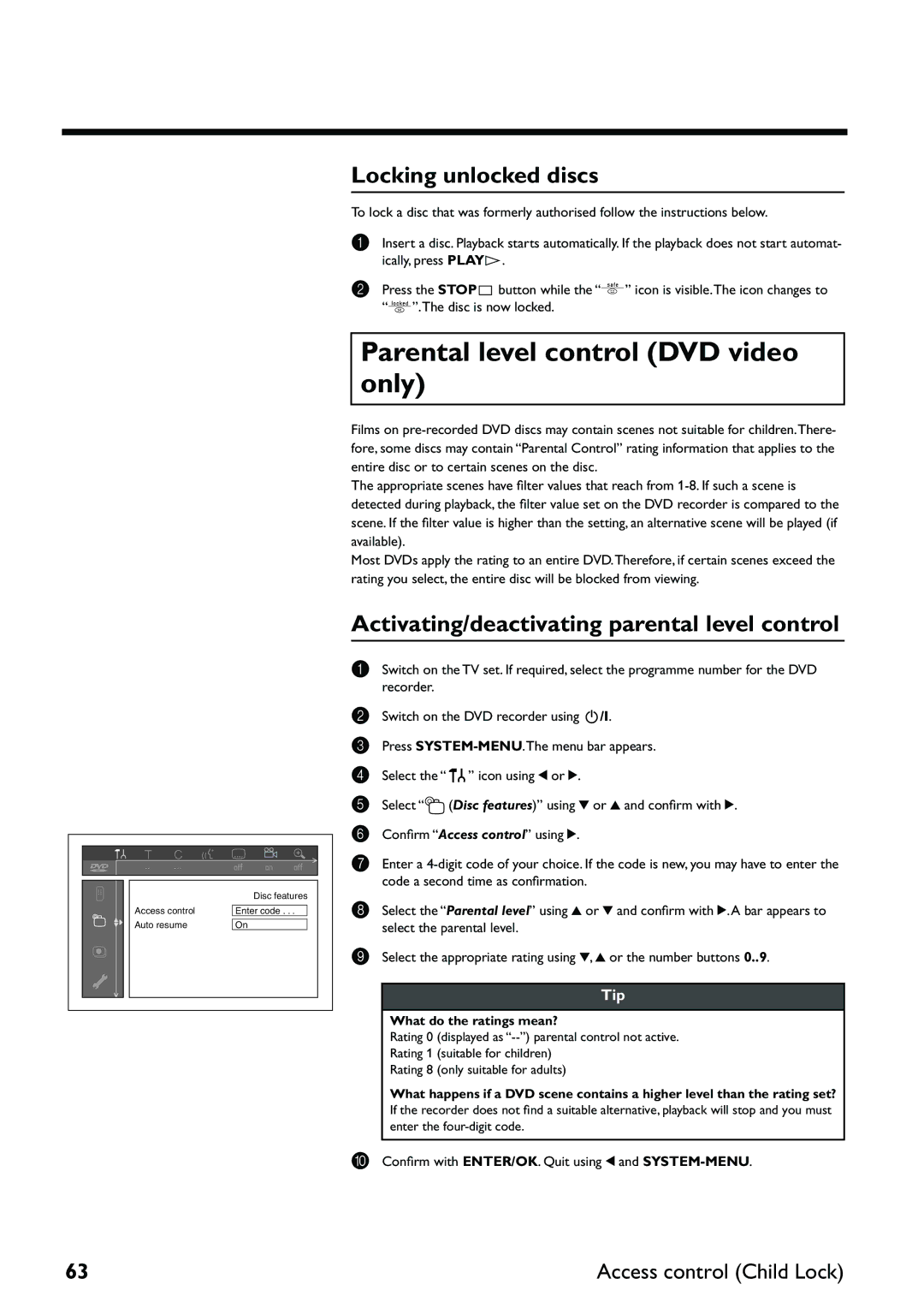 Yamaha DRX-2 Parental level control DVD video only, Locking unlocked discs, Activating/deactivating parental level control 