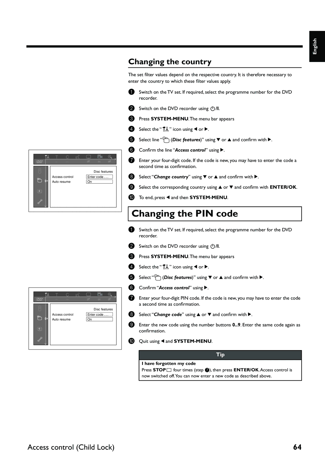 Yamaha DRX-2 owner manual Changing the PIN code, Changing the country, Have forgotten my code 