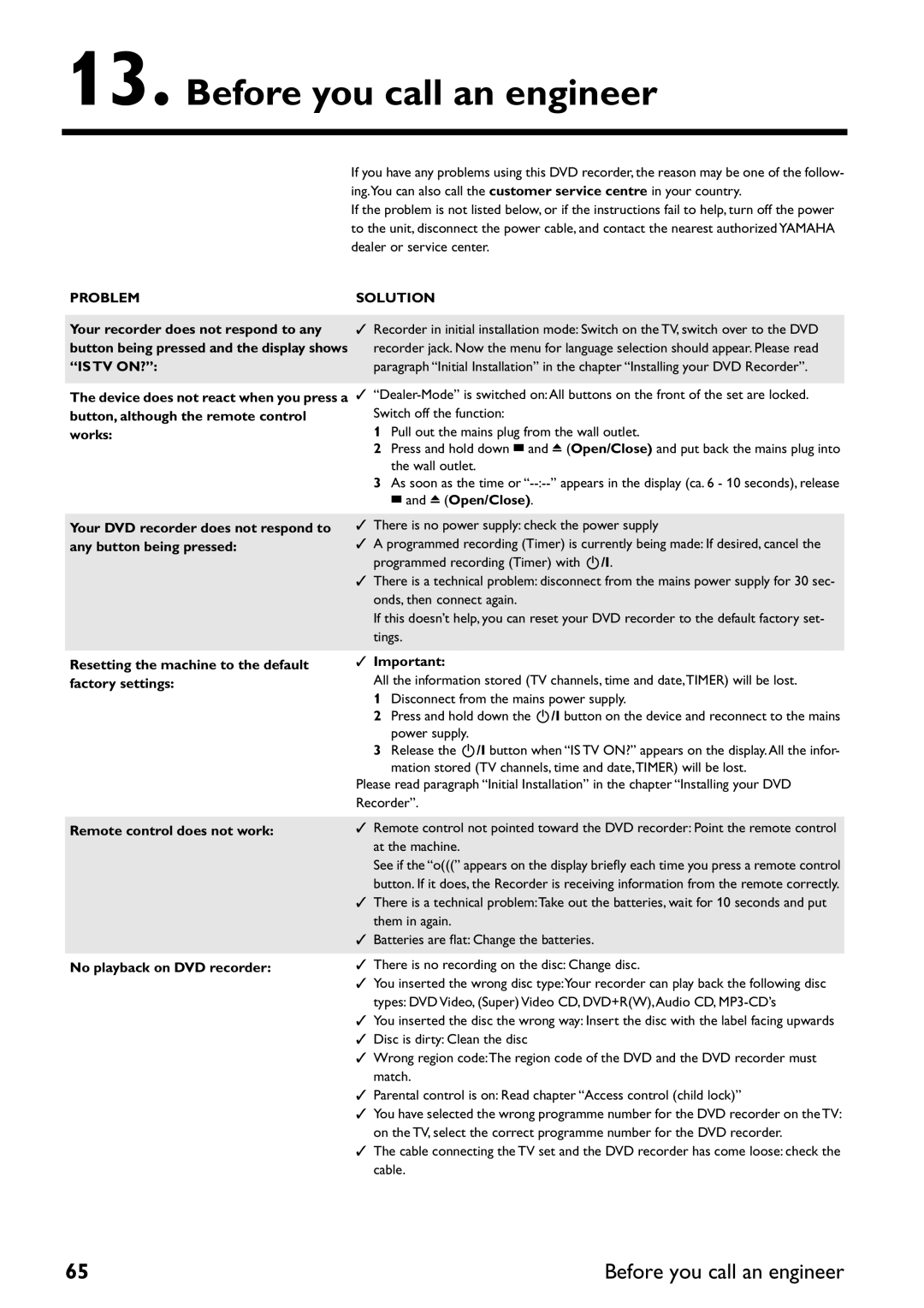 Yamaha DRX-2 owner manual Before you call an engineer, Resetting the machine to the default factory settings 