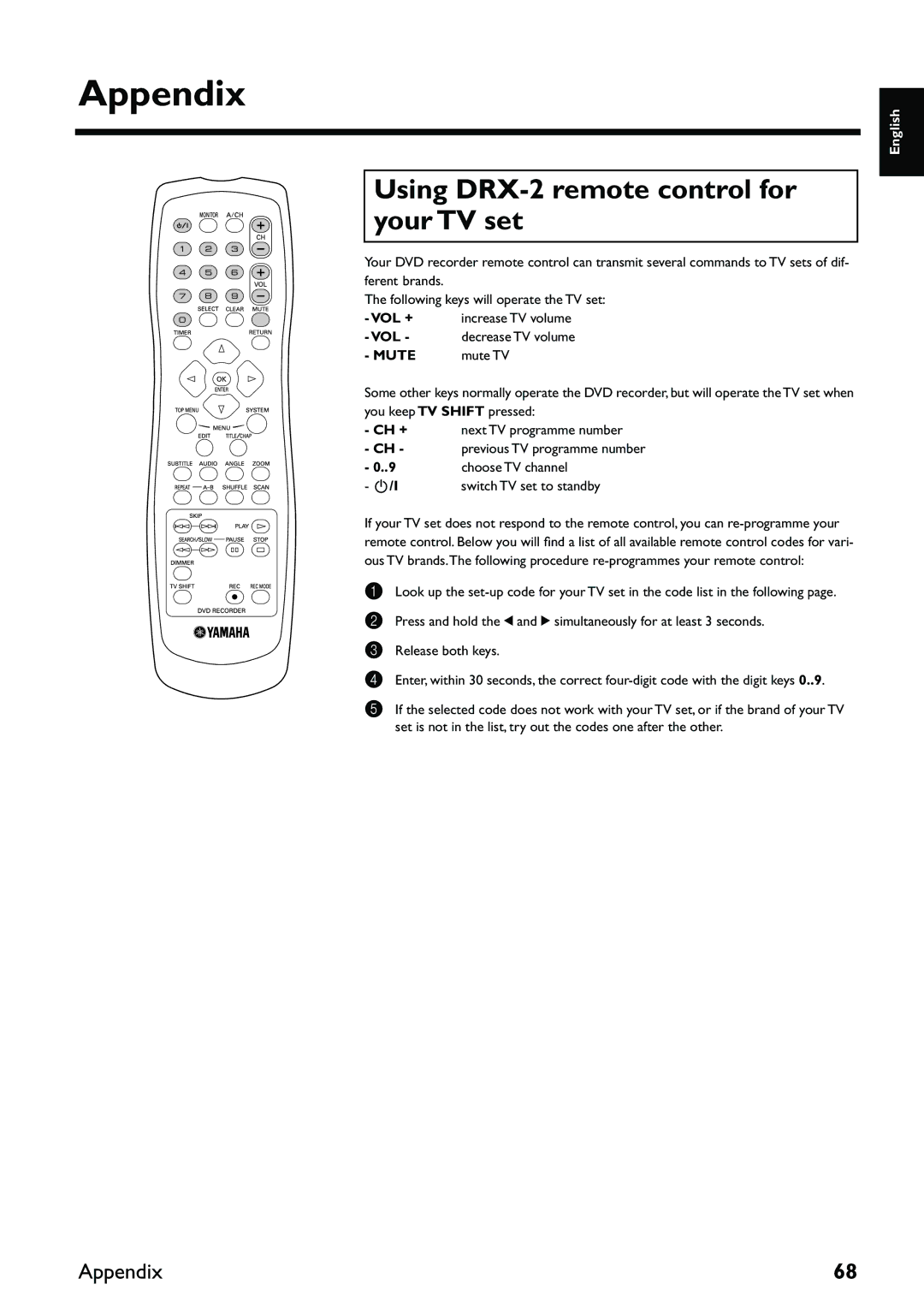 Yamaha owner manual Appendix, Using DRX-2 remote control for your TV set 