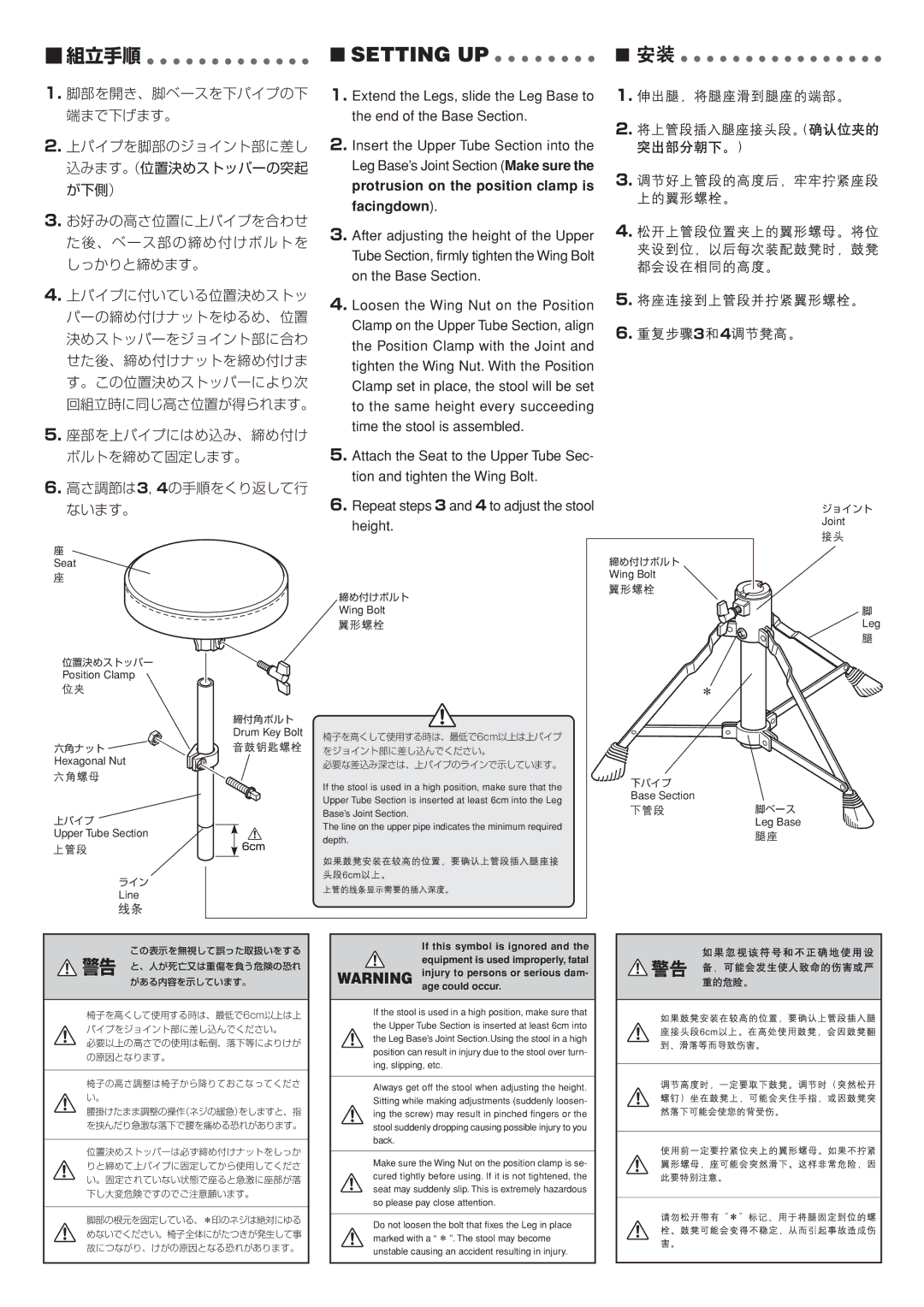 Yamaha DS550U owner manual ジョイント, 位置決めストッパー, 締め付けボルト, 六角ナット, 上パイプ, ライン, 締付角ボルト, 下パイプ, 脚ベース 