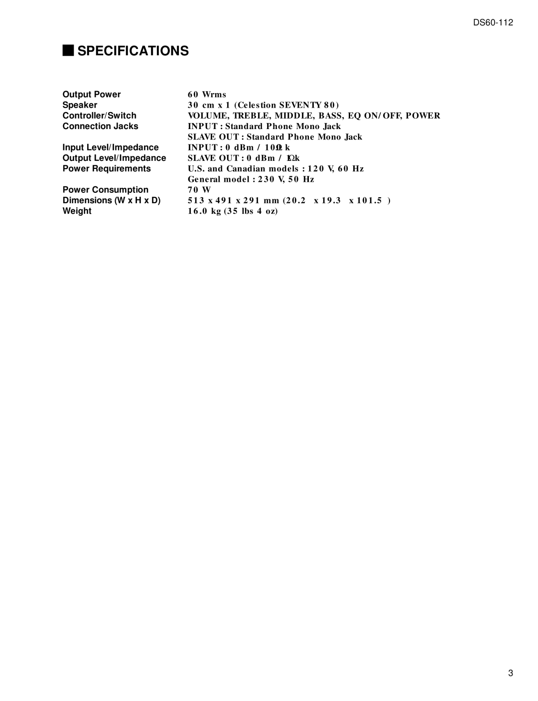 Yamaha DS60-112 service manual Specifications 