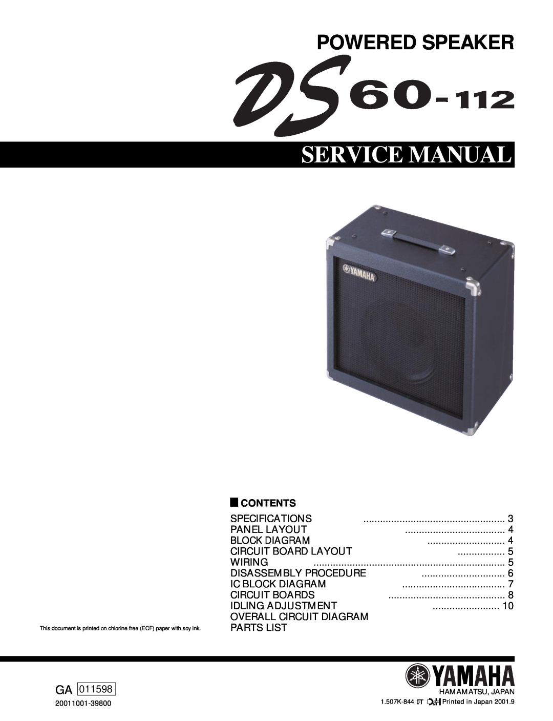 Yamaha DS60-112 service manual Powered Speaker, Contents 