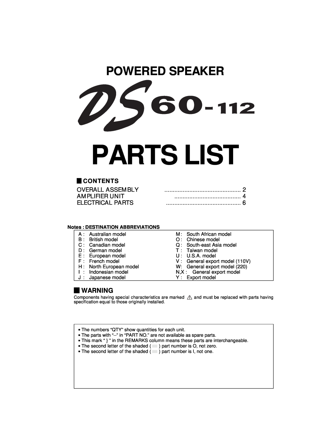 Yamaha DS60-112 service manual Parts List, Powered Speaker, Contents, Overall Assembly, Amplifier Unit, Electrical Parts 