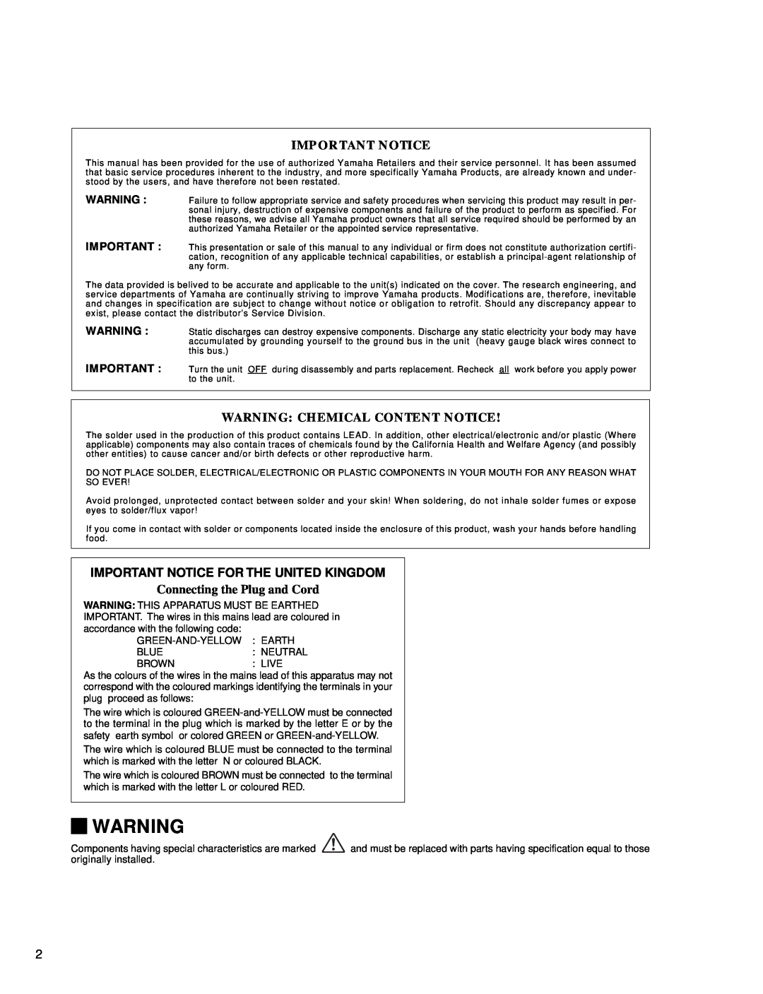 Yamaha DS60-112 Warning Chemical Content Notice, Important Notice For The United Kingdom, Connecting the Plug and Cord 