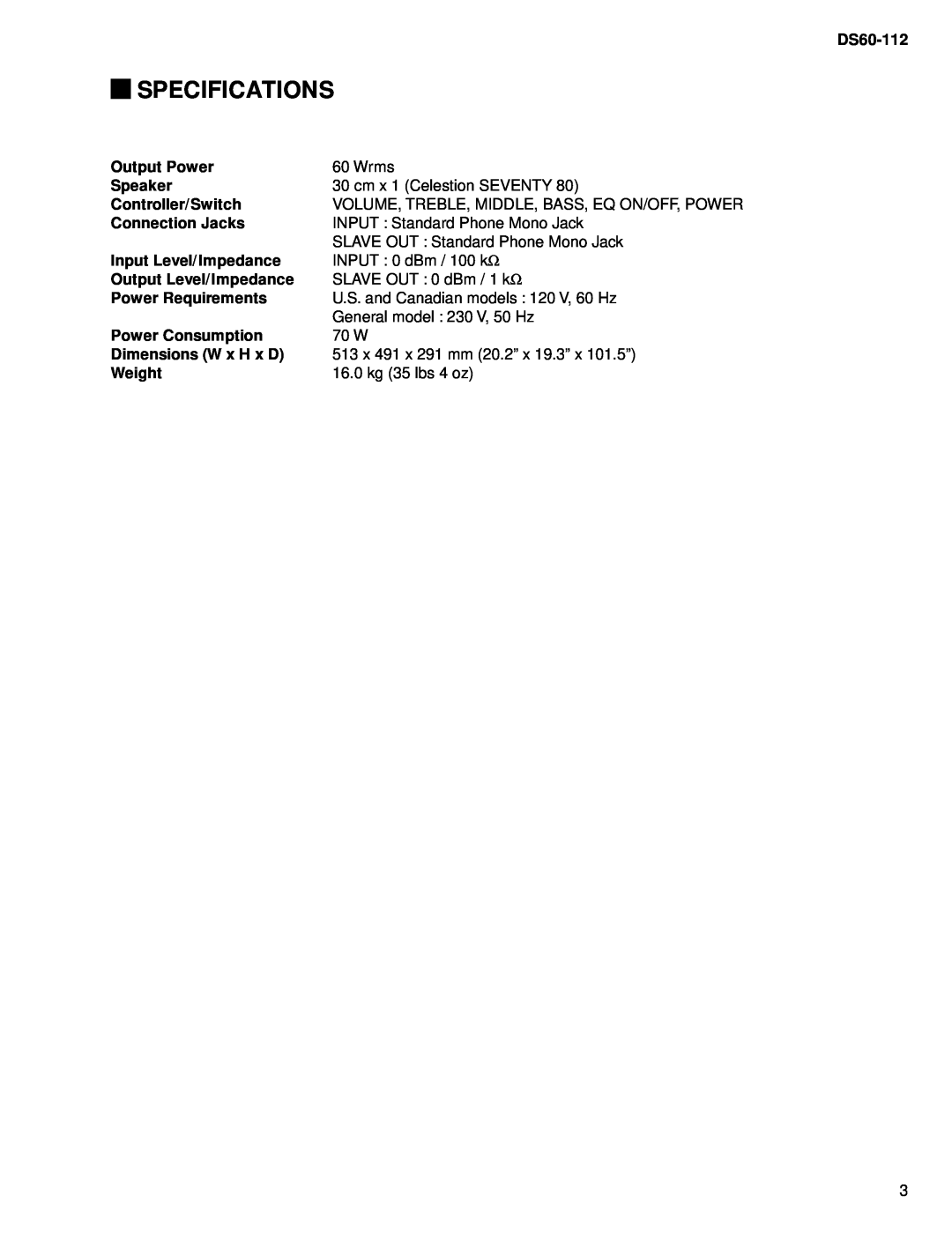 Yamaha DS60-112 service manual Specifications 