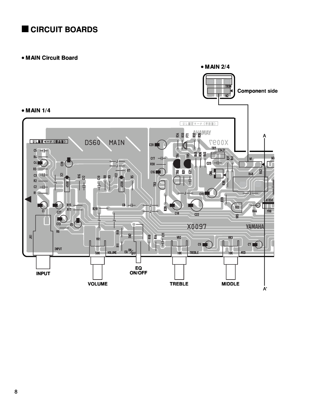 Yamaha DS60-112 service manual Circuit Boards, MAIN Circuit Board MAIN 2/4, MAIN 1/4, Input, On/Off, Volume, Treble, Middle 