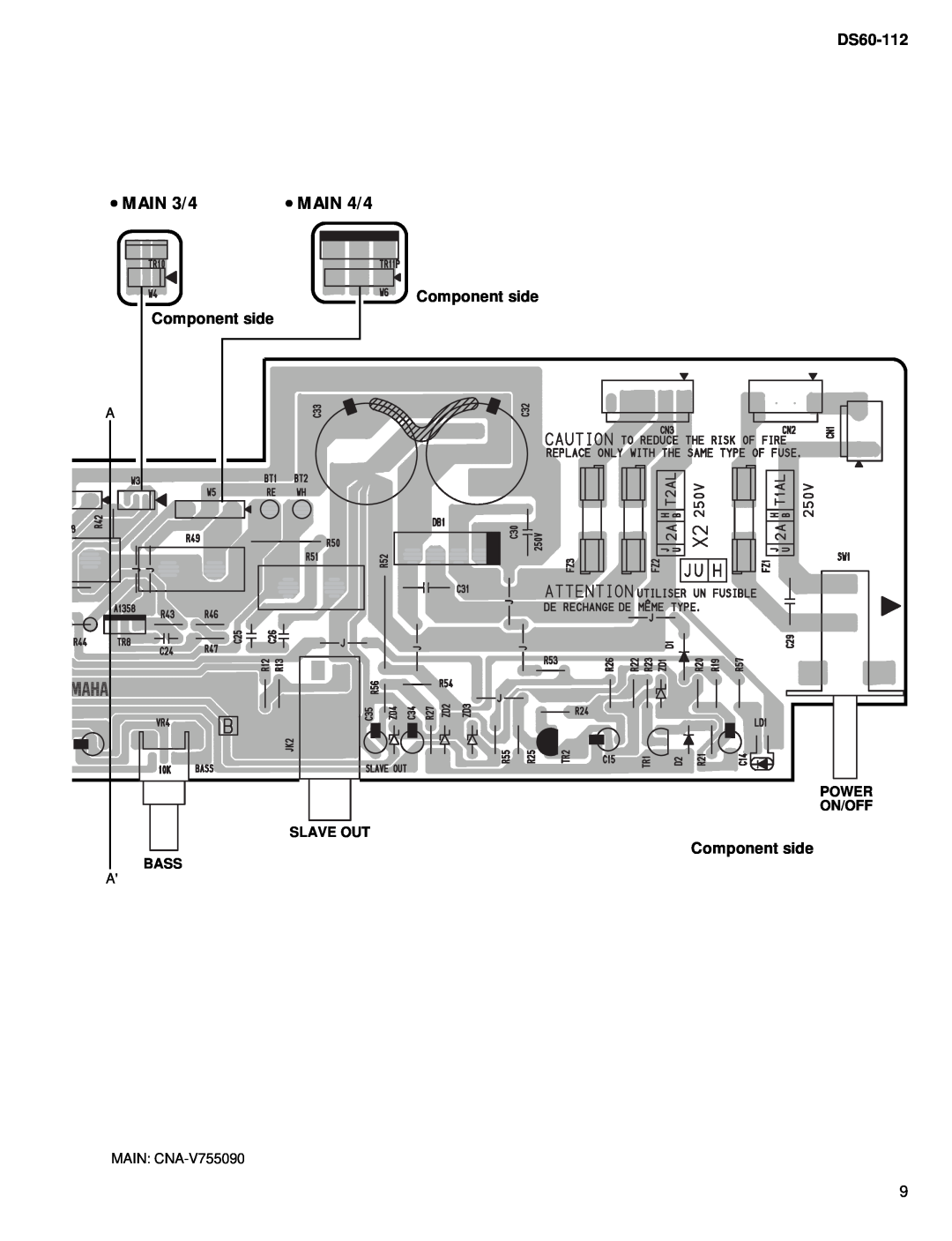 Yamaha DS60-112 service manual MAIN 3/4, MAIN 4/4, Component side Component side, Power On/Off Slave Out, Bass 
