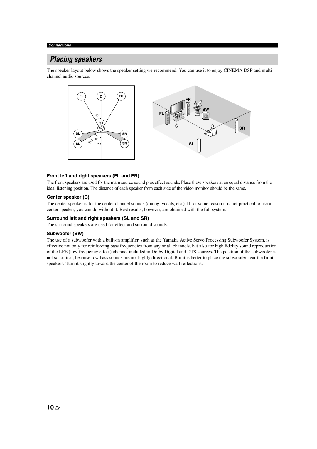 Yamaha DSP-AX463 owner manual Placing speakers, 10 En 