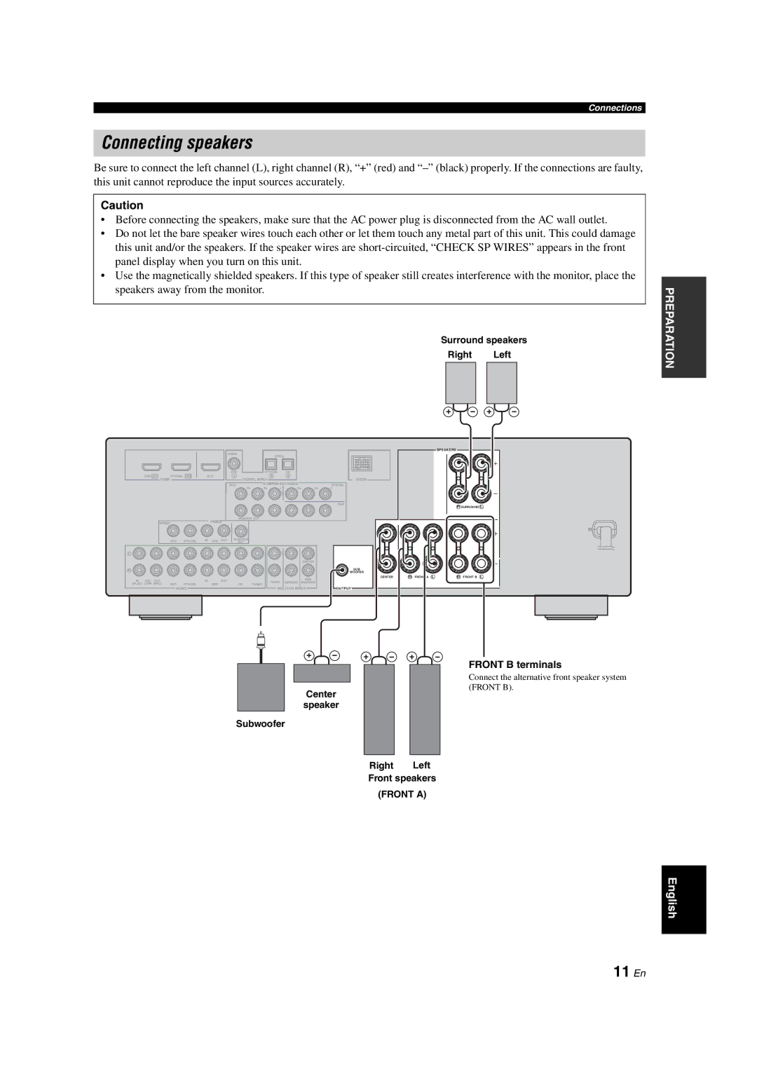 Yamaha DSP-AX463 owner manual Connecting speakers, 11 En, Front B terminals, Surround speakers Right Left 